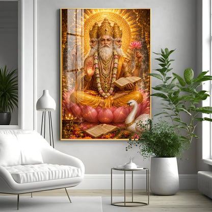 Lord Brahma With Vedas Premium Acrylic Vertical Wall Art