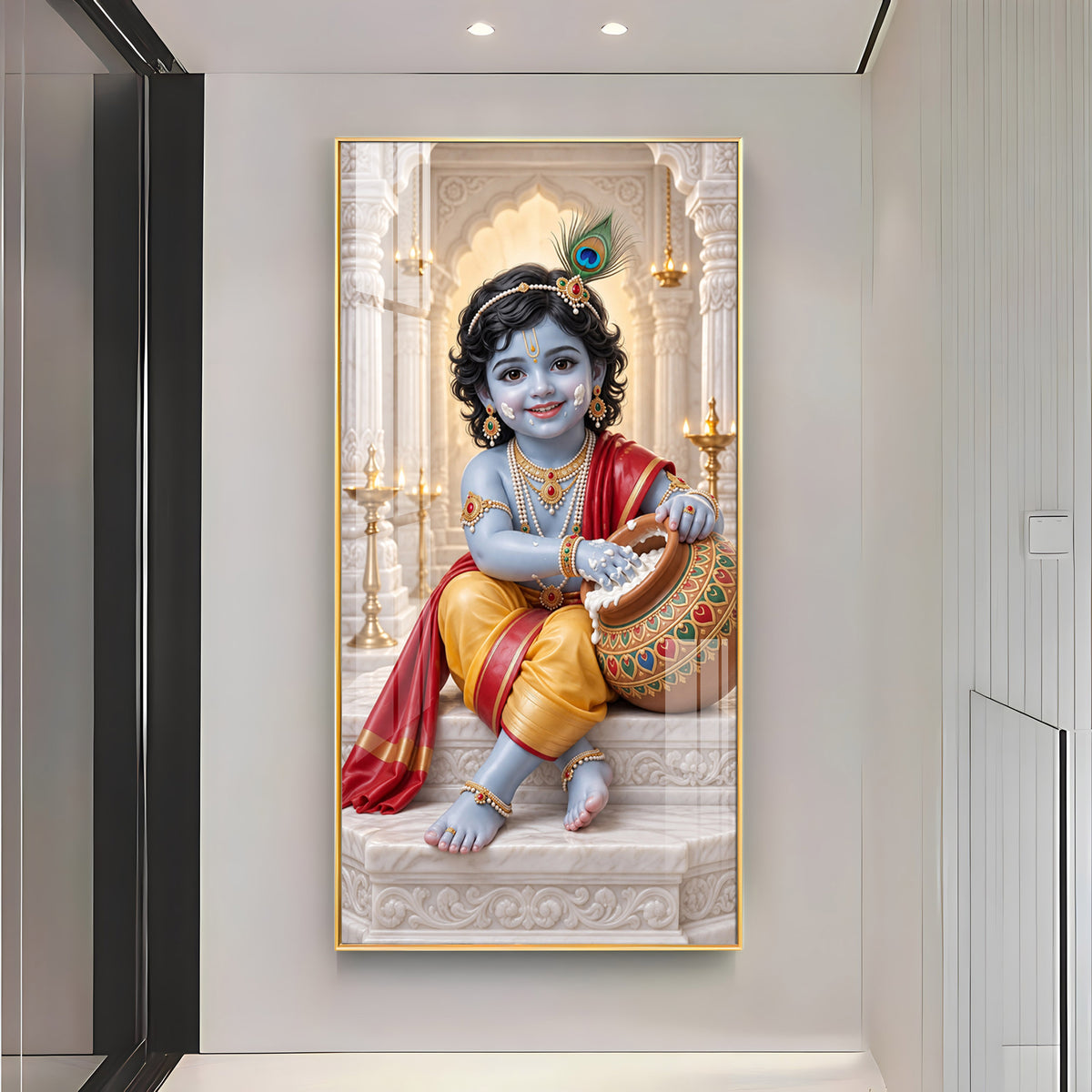 Little Krishna With Makhan Matki Premium Acrylic Vertical Wall Art