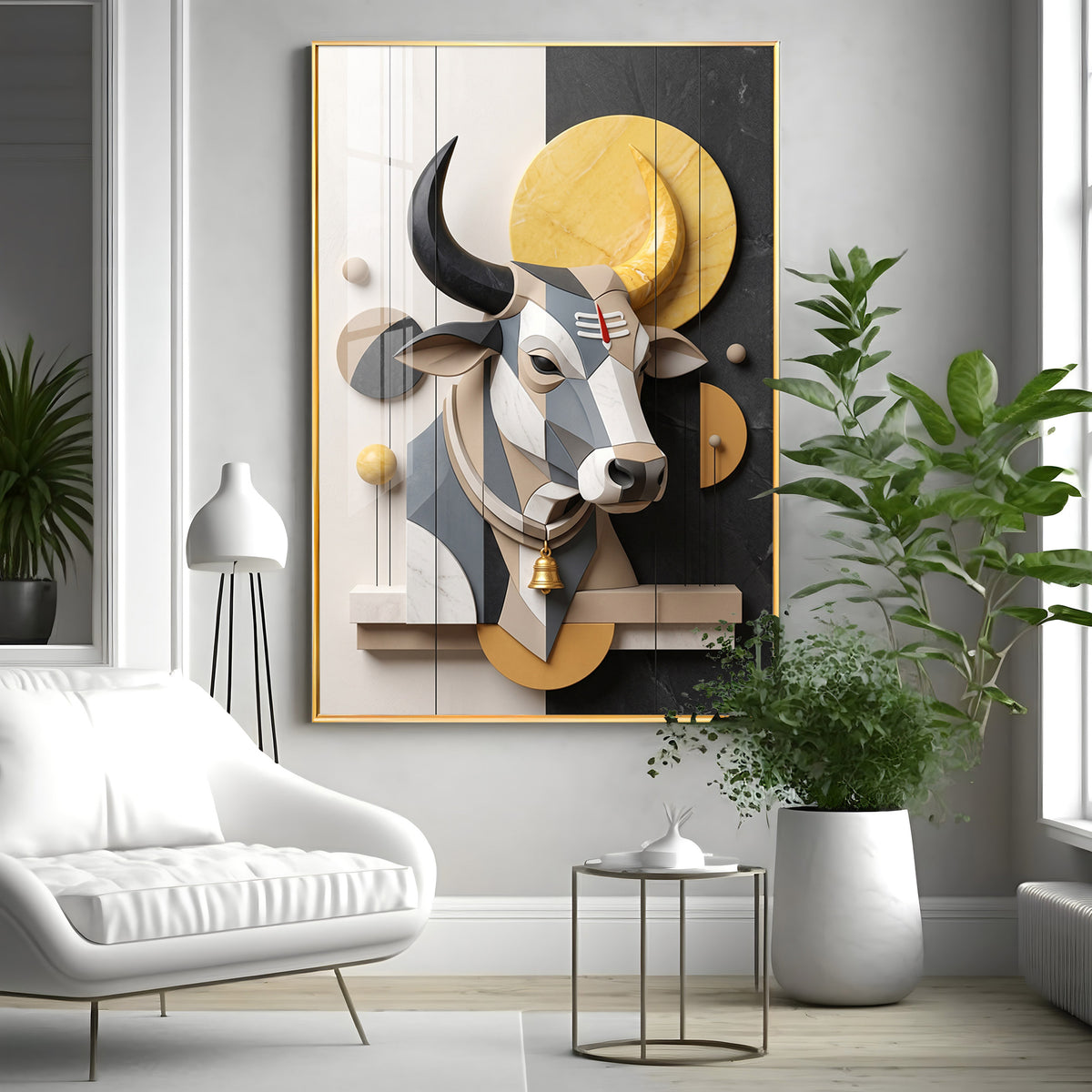 Modern Geometric Nandi with Tilak & Bell Premium Acrylic Vertical Wall Art