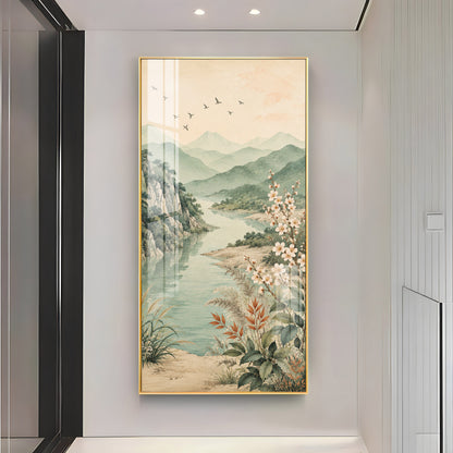 Serene Mountain Lake & Blossom Premium Acrylic Vertical Wall Art