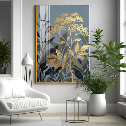 Republic Midnight Blue Botanical Leaves Premium Acrylic Vertical Wall Art