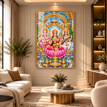 Divine Goddess Lakshmi, Lord Ganesha and Goddess Saraswati Premium Acrylic Vertical Wall Art