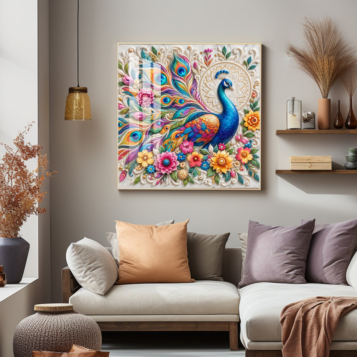 Vibrant Peacock Floral Premium Acrylic Square Wall Art