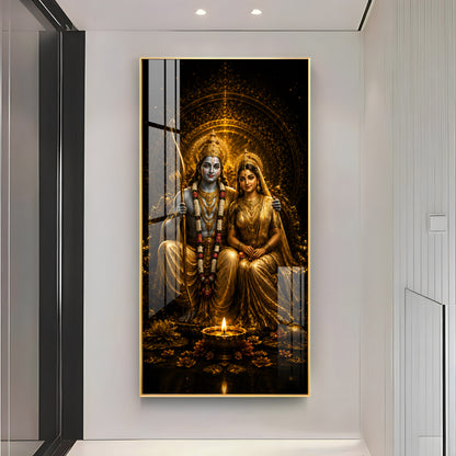 Divine Lord Rama & Sita Golden Premium Acrylic Vertical Wall Art