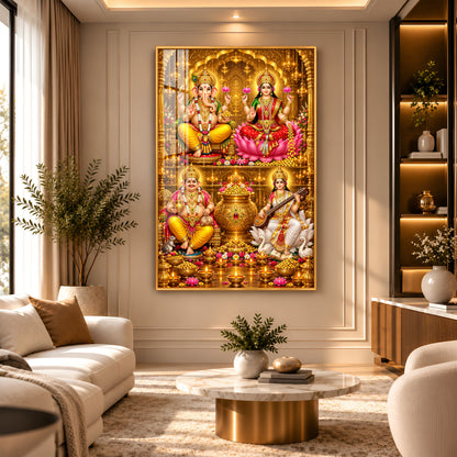 Goddess laxmi, Saraswati, Lord ganesh & Kuber Premium Acrylic Vertical Wall Art