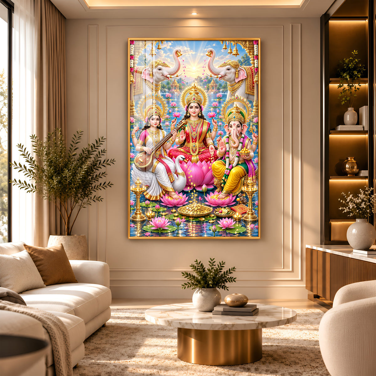 Lord Ganesh, Maa Laxmi & Maa Saraswati Premium Acrylic Vertical Wall Art