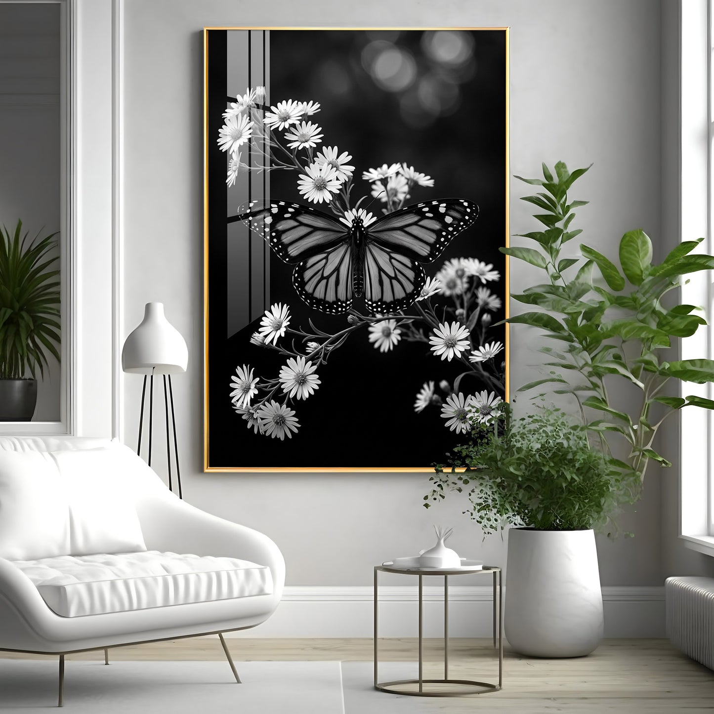 Elegant Black & White Butterfly & Floral Premium Acrylic Vertical Wall Art