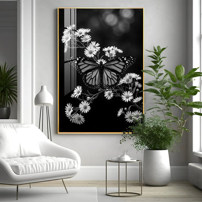 Elegant Black & White Butterfly & Floral Premium Acrylic Vertical Wall Art