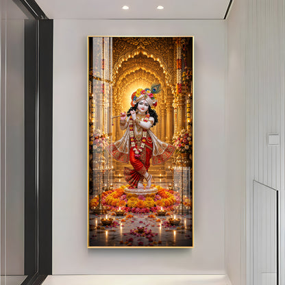 Lord Krishna With Playing Flute Premium Acrylic Vertical Wall Art