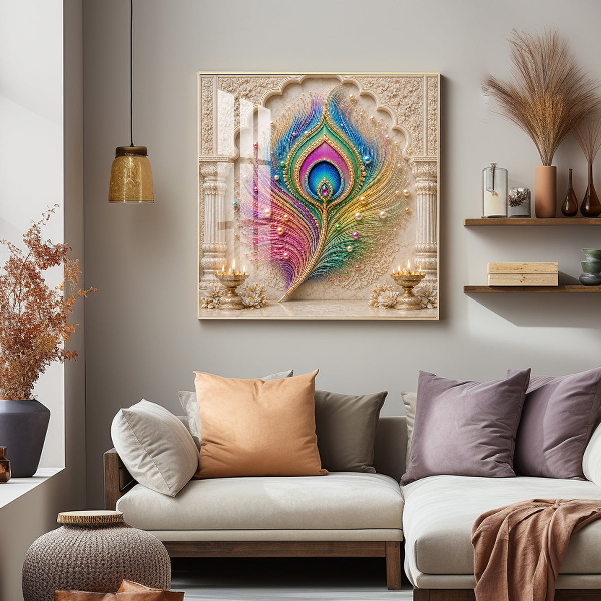 Colorful Peacock Feather Premium Acrylic Square Wall Art