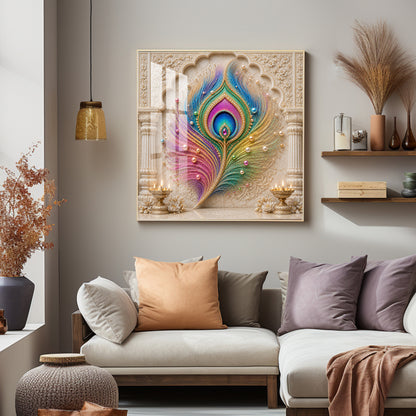 Colorful Peacock Feather Premium Acrylic Square Wall Art
