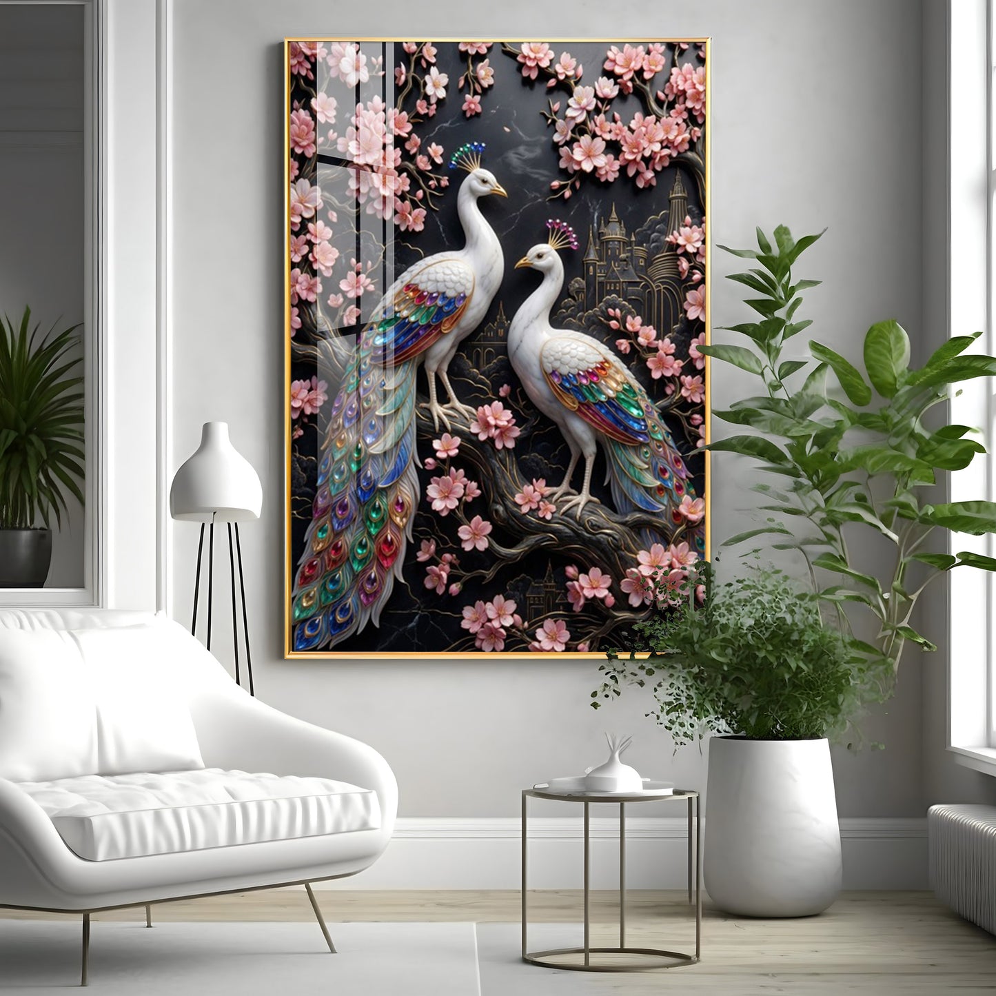 White Peacock Pair Premium Acrylic Vertical Wall Art