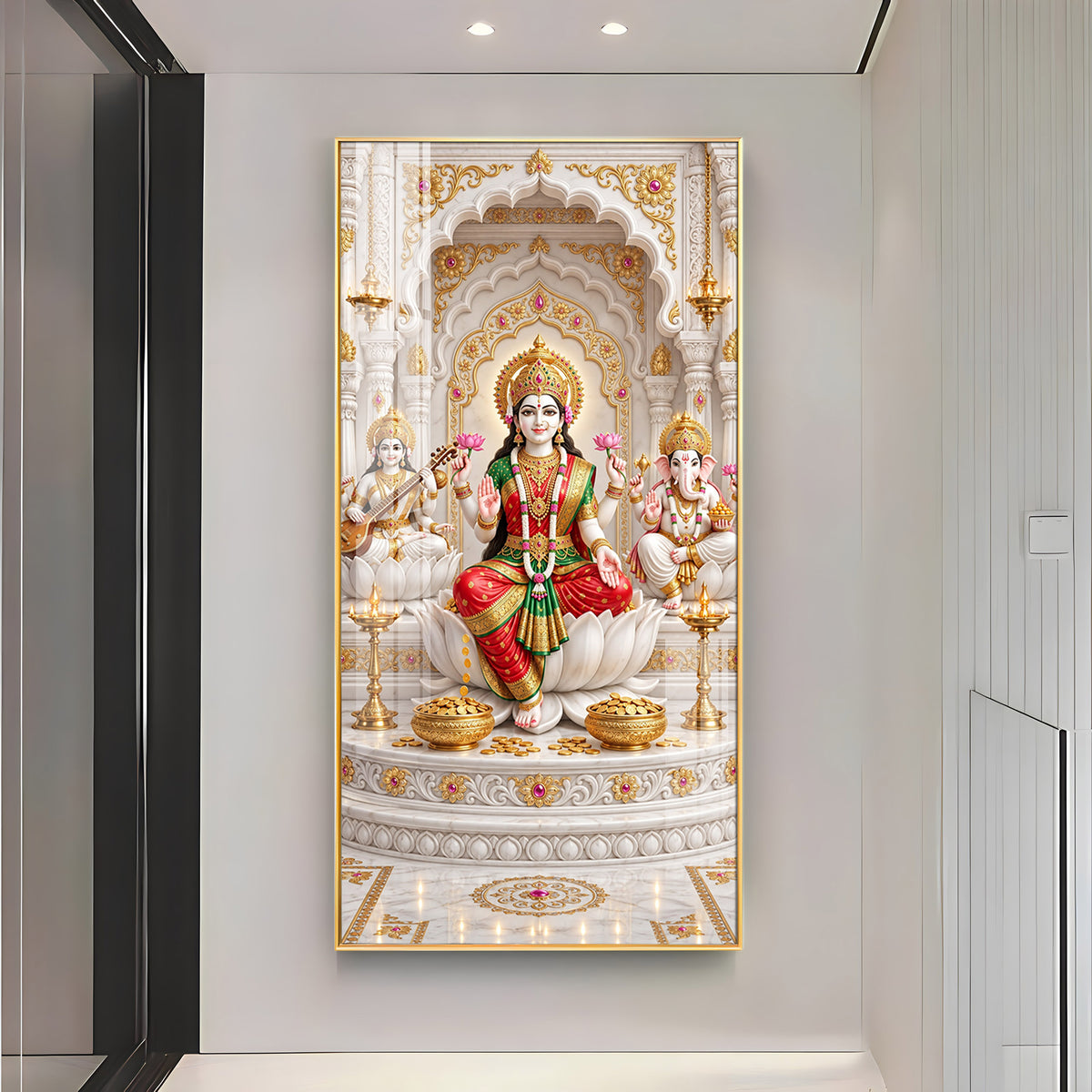 Divine Maa Saraswati, Laxmi & Lord Ganesh Ji Premium Acrylic Vertical Wall Art