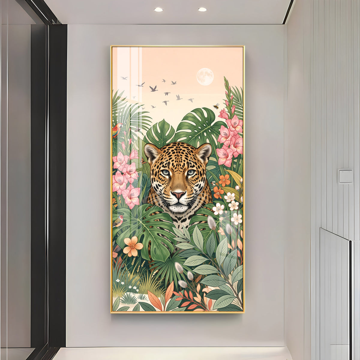 Tropical Jungle Leopard & Floral Leaves Premium Acrylic Vertical Wall Art