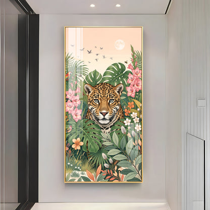 Tropical Jungle Leopard & Floral Leaves Premium Acrylic Vertical Wall Art
