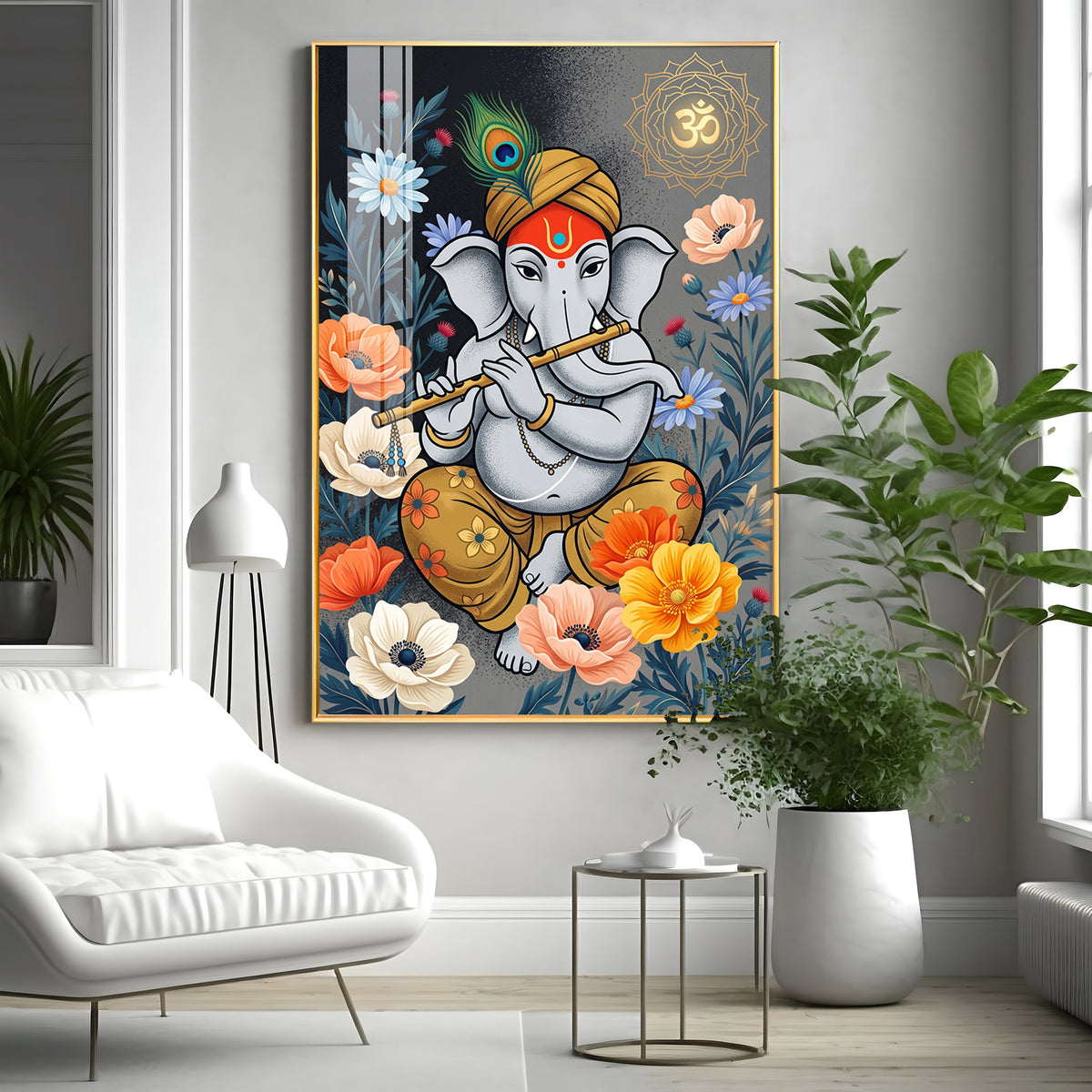 Lord Ganesha Playing Flute Premium Acrylic Vertical Wall Art