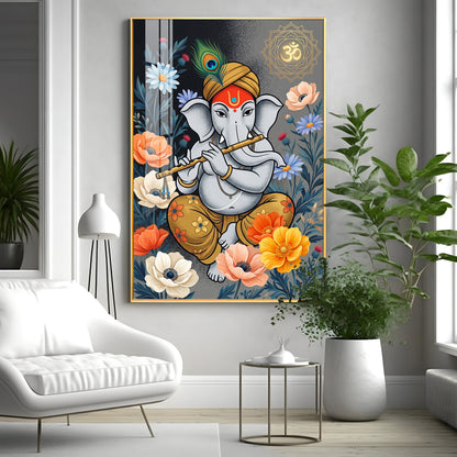 Lord Ganesha Playing Flute Premium Acrylic Vertical Wall Art