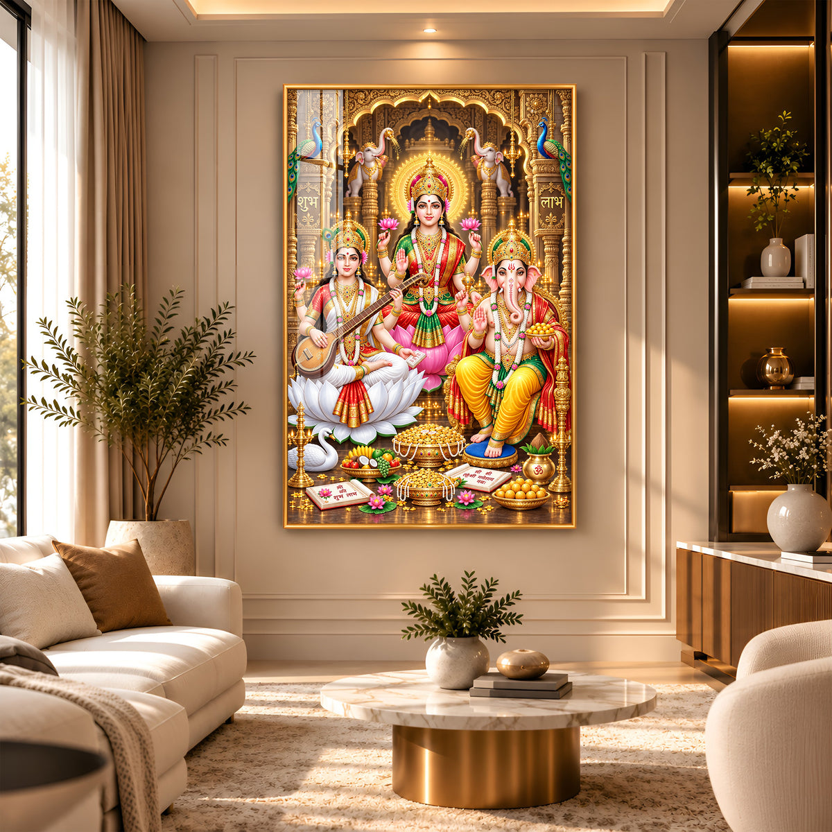 Maa Lakshmi, Ganesha and Saraswati Premium Acrylic Vertical Wall Art