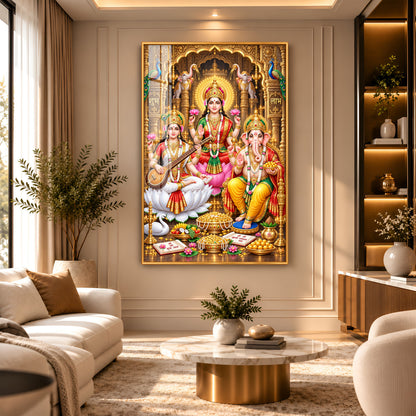 Maa Lakshmi, Ganesha and Saraswati Premium Acrylic Vertical Wall Art
