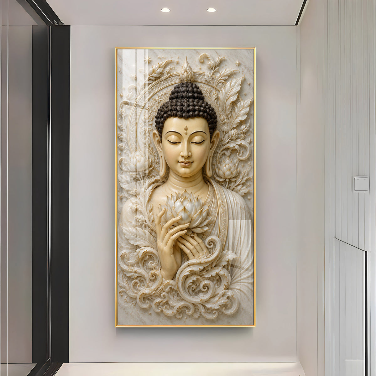 Serene Buddha White Lotus Premium Acrylic Vertical Wall Art