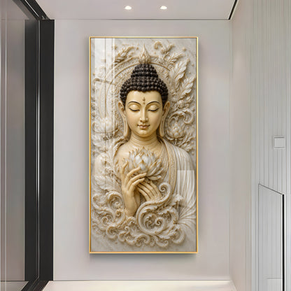 Serene Buddha White Lotus Premium Acrylic Vertical Wall Art
