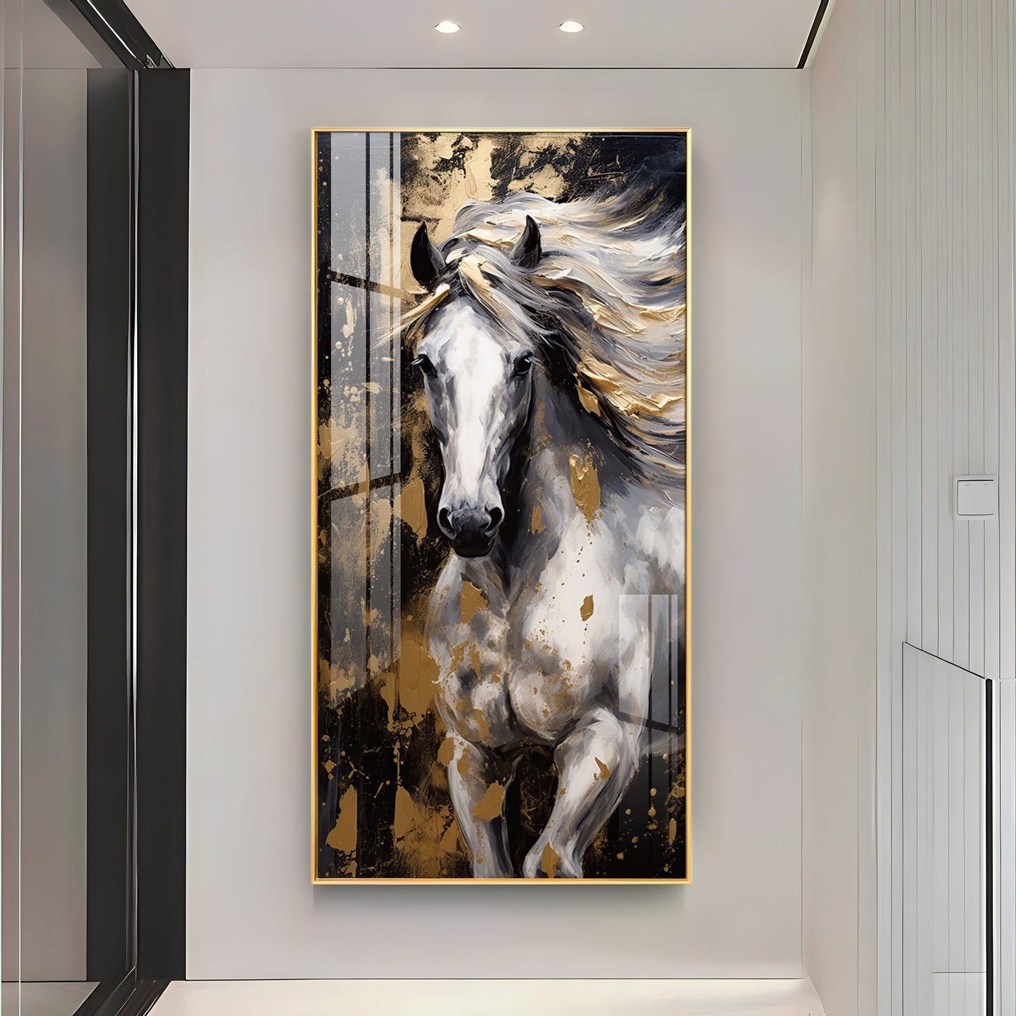 White Horse with Golden Gleam Premium Acrylic Vertical Wall Art