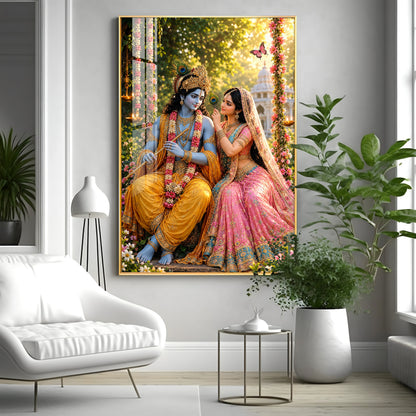 Lord Krishna Holding A Flute With Radha Premium Acrylic Vertical Wall Art
