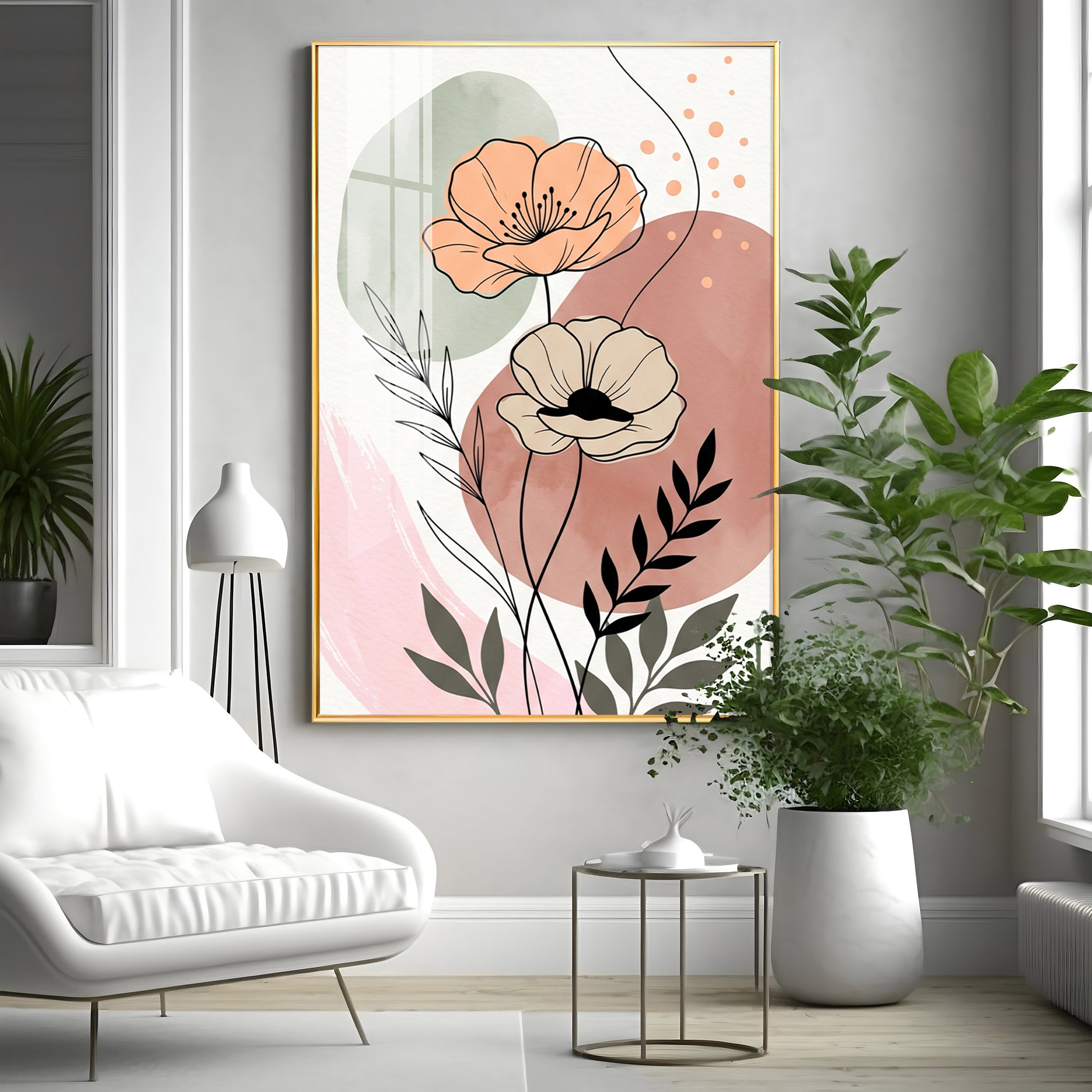 Floral Line & Geometric Shapes Premium Acrylic Vertical Wall Art