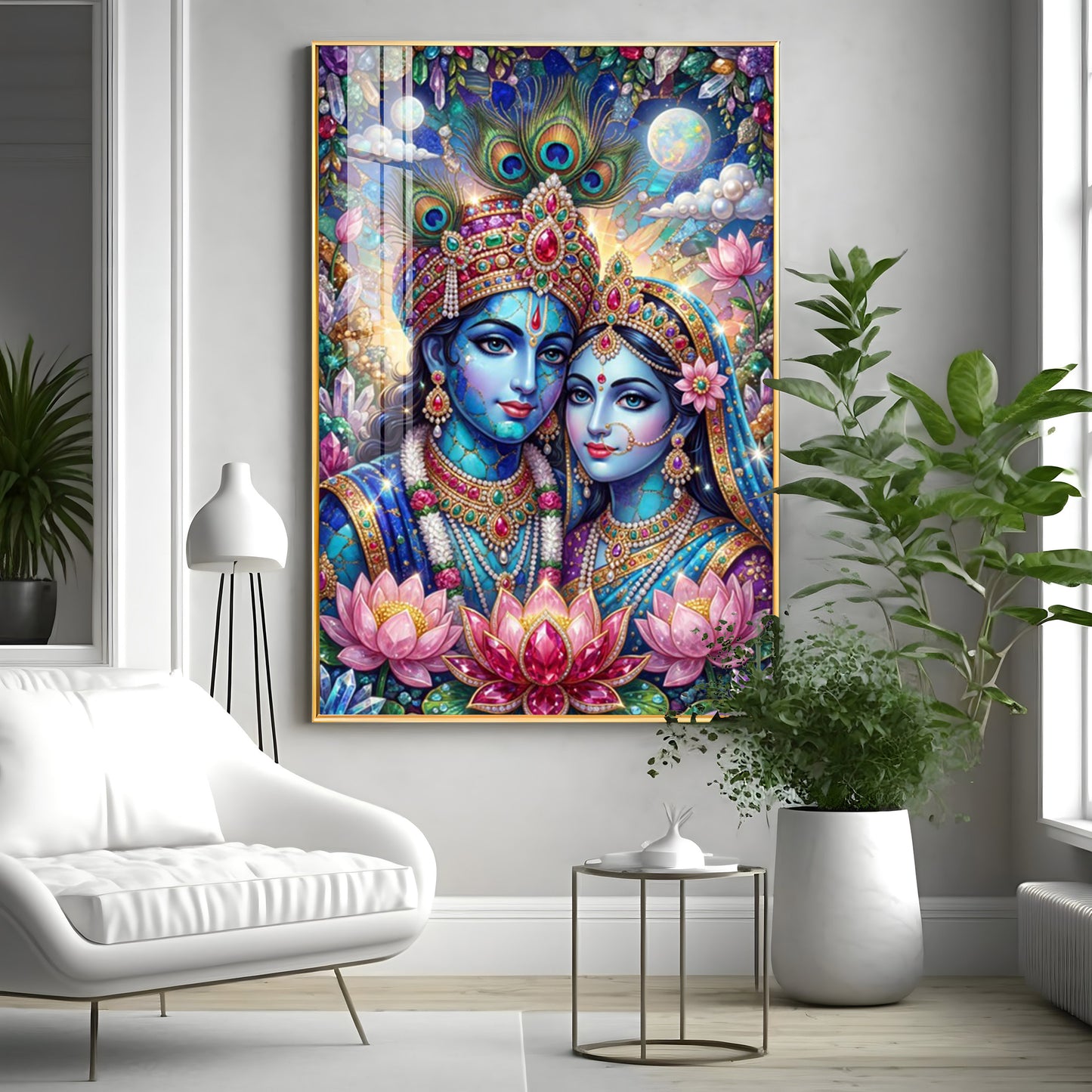 Radha Krishna With Blooming Lotus Flowers Premium Acrylic Vertical Wall Art