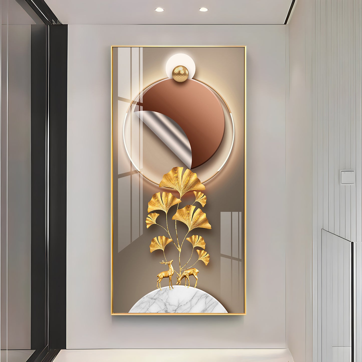 Golden Deer & Ginkgo Leaves Premium Acrylic Vertical Wall Art