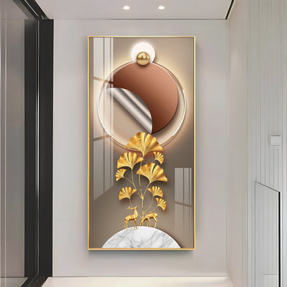 Golden Deer & Ginkgo Leaves Premium Acrylic Vertical Wall Art