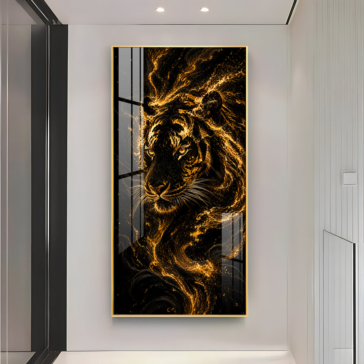 Majestic Golden Fire Tiger Premium Acrylic Vertical Wall Art
