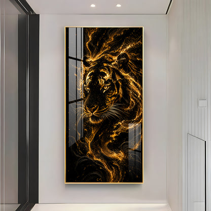 Majestic Golden Fire Tiger Premium Acrylic Vertical Wall Art