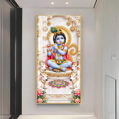 Krishna With White Cows Premium Acrylic Vertical Wall Art