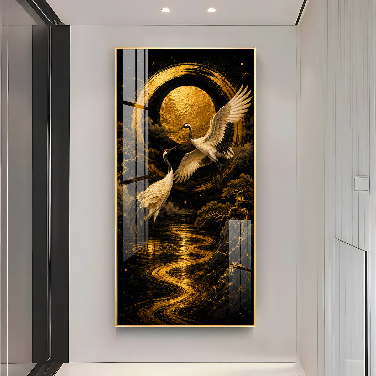 Golden Cranes & Moon Minimalist Zen Premium Acrylic Vertical Wall Art