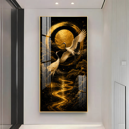 Golden Cranes & Moon Minimalist Zen Premium Acrylic Vertical Wall Art