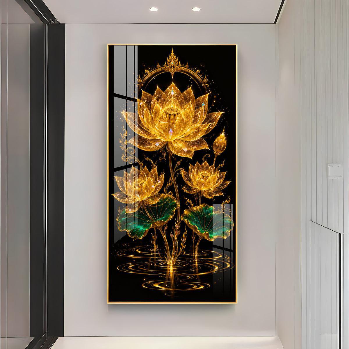 Sacred Golden Lotus Bloom Premium Acrylic Vertical Wall Art