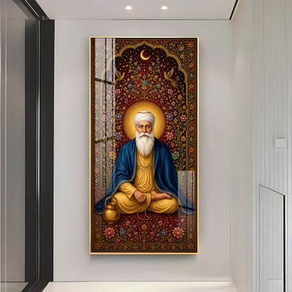 Guru Nanak Dev Ji Seated Meditation Blue Shawl Premium Acrylic Vertical Wall Art