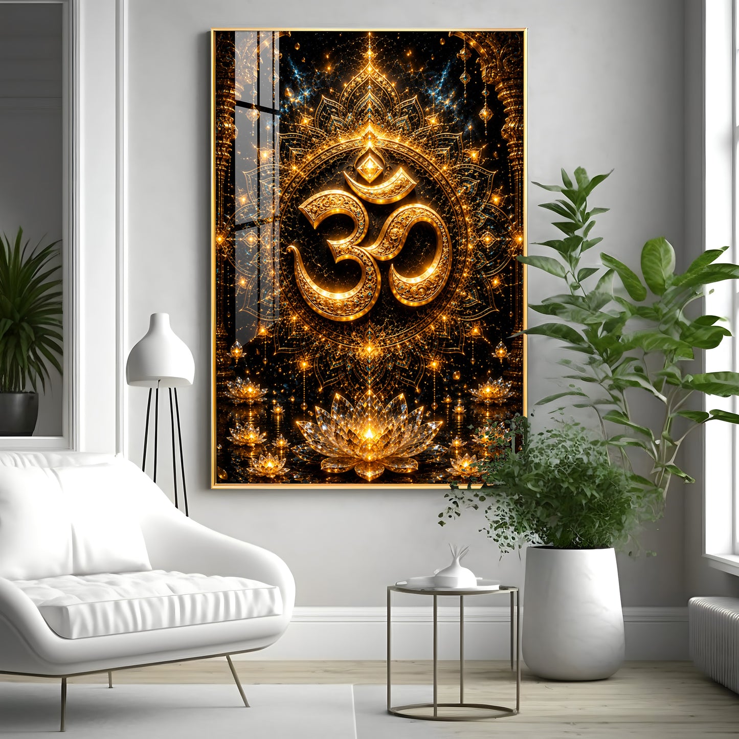 Golden Om Symbol Premium Acrylic Vertical Wall Art