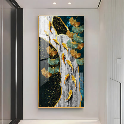Gold Fish & Feathers Premium Acrylic Vertical Wall Art