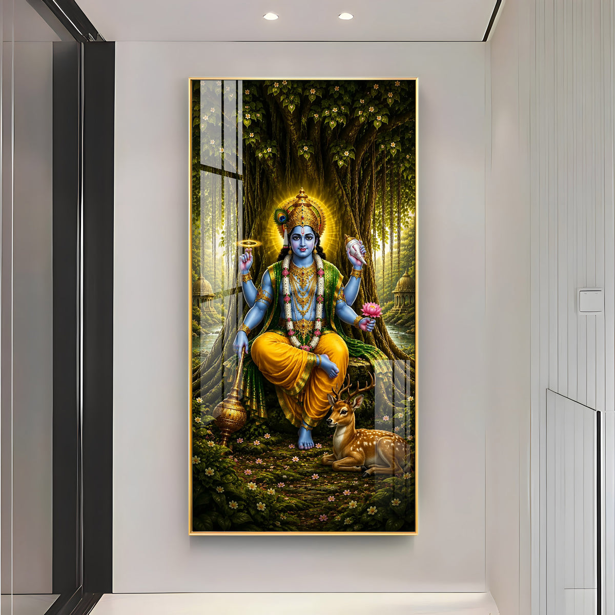 Divine Lord Vishnu In Forest Premium Acrylic Vertical Wall Art