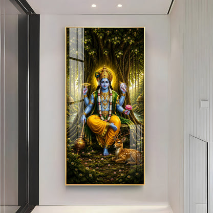 Divine Lord Vishnu In Forest Premium Acrylic Vertical Wall Art