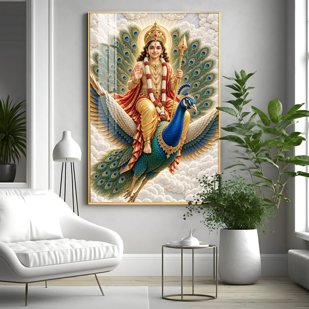 Lord Murugan With Peacock & Vel Premium Acrylic Vertical Wall Art