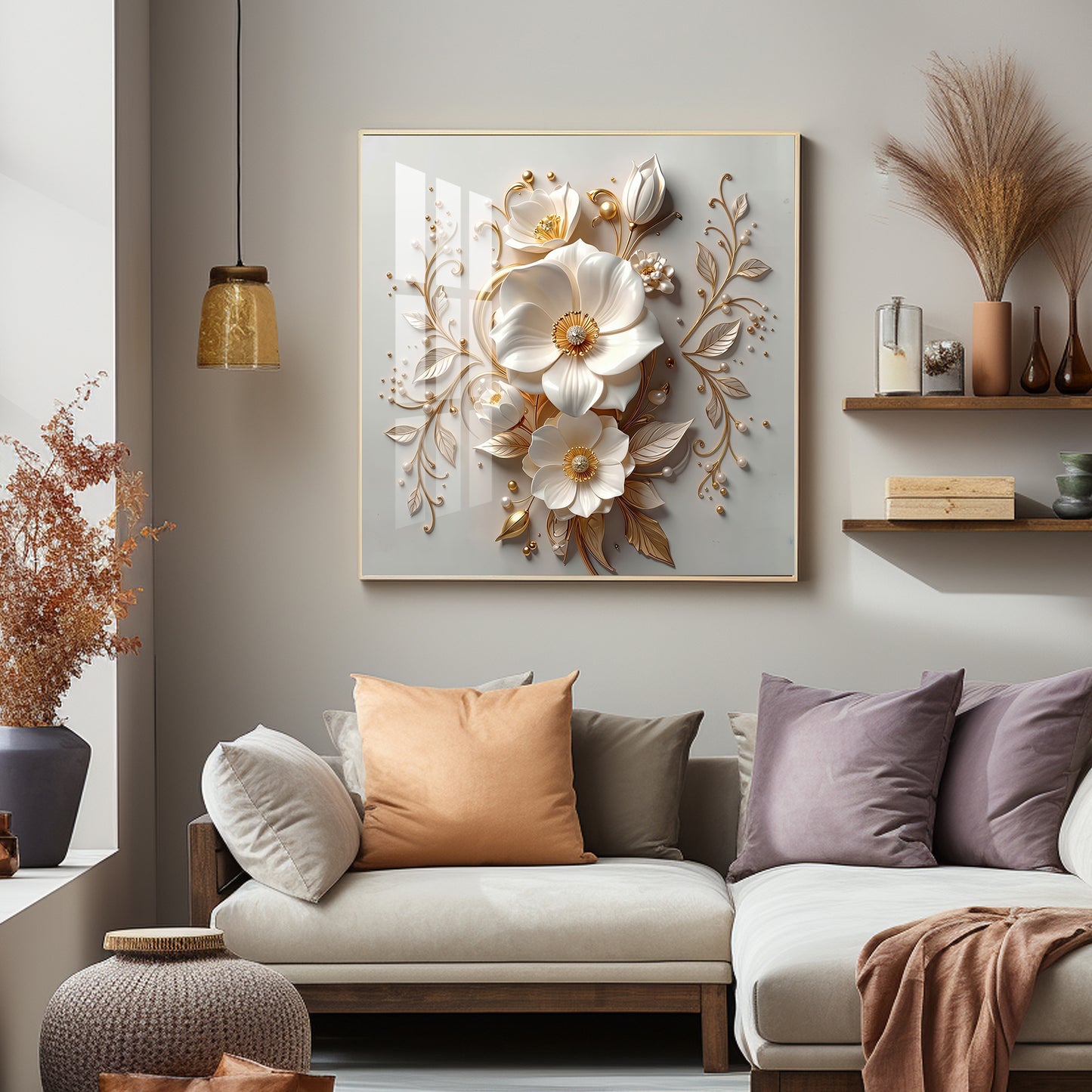 Elegant White Flowers With Gold Leaves Premium Acrylic Square Wall Art
