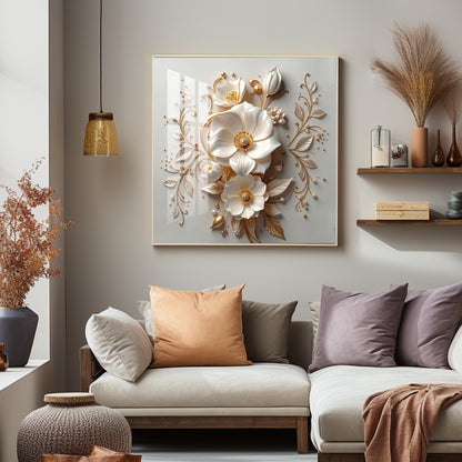 Elegant White Flowers With Gold Leaves Premium Acrylic Square Wall Art