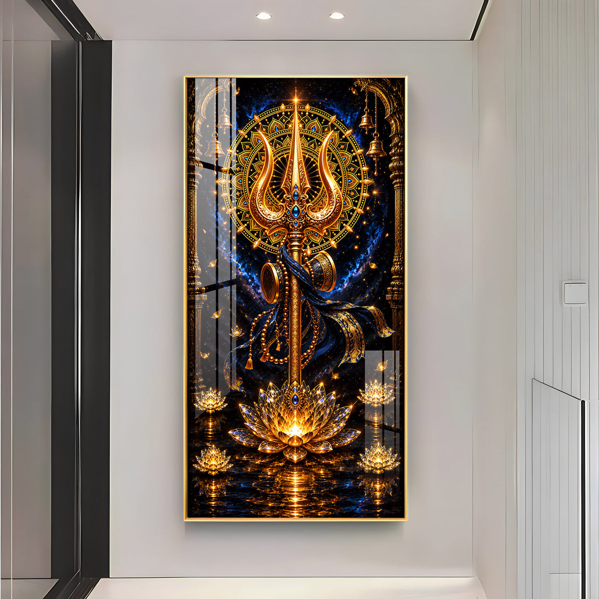 Divine Golden Trishul Premium Acrylic Vertical Wall Art
