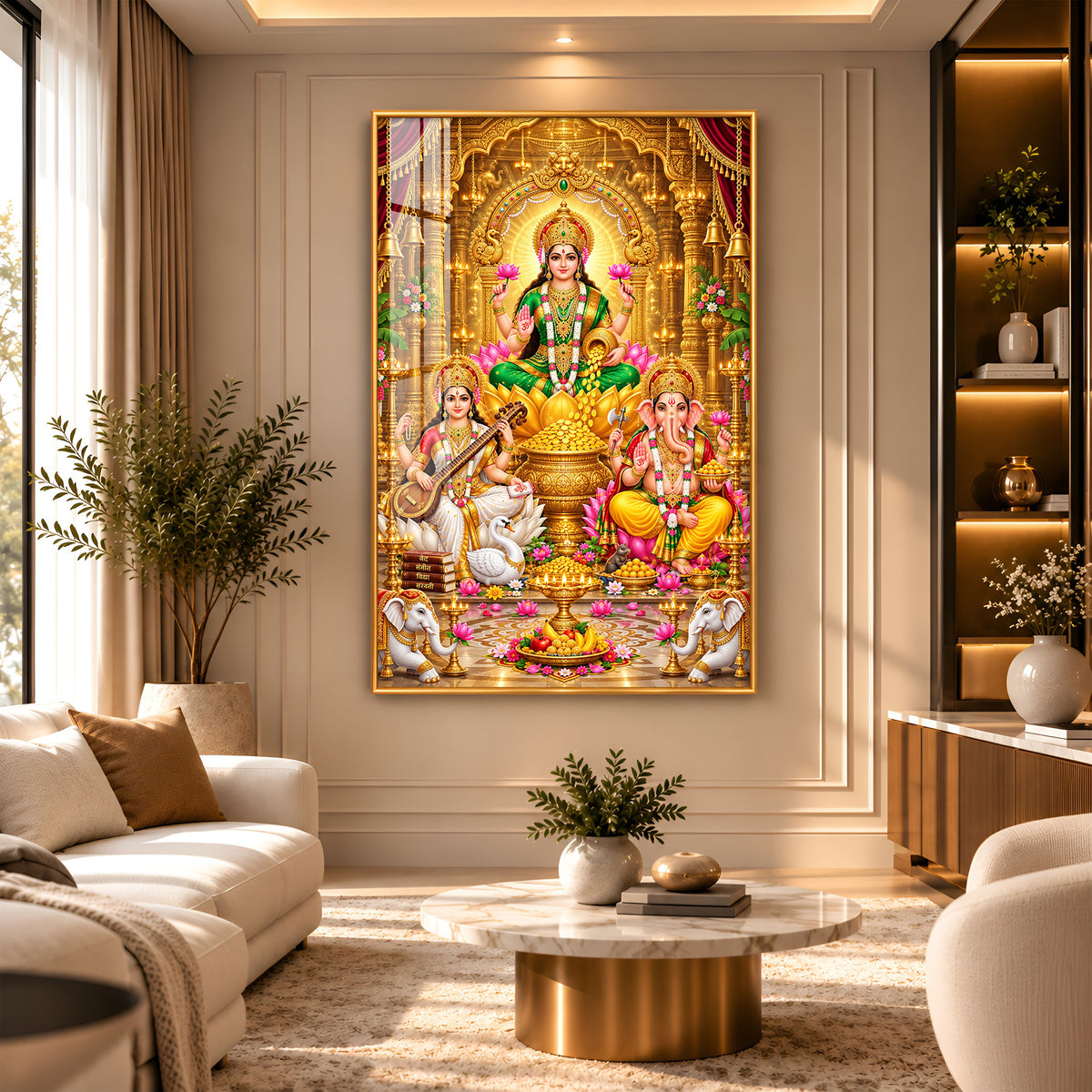 Divine Maa Laxmi, Maa Saraswati & Ganesh Ji Premium Acrylic Vertical Wall Art