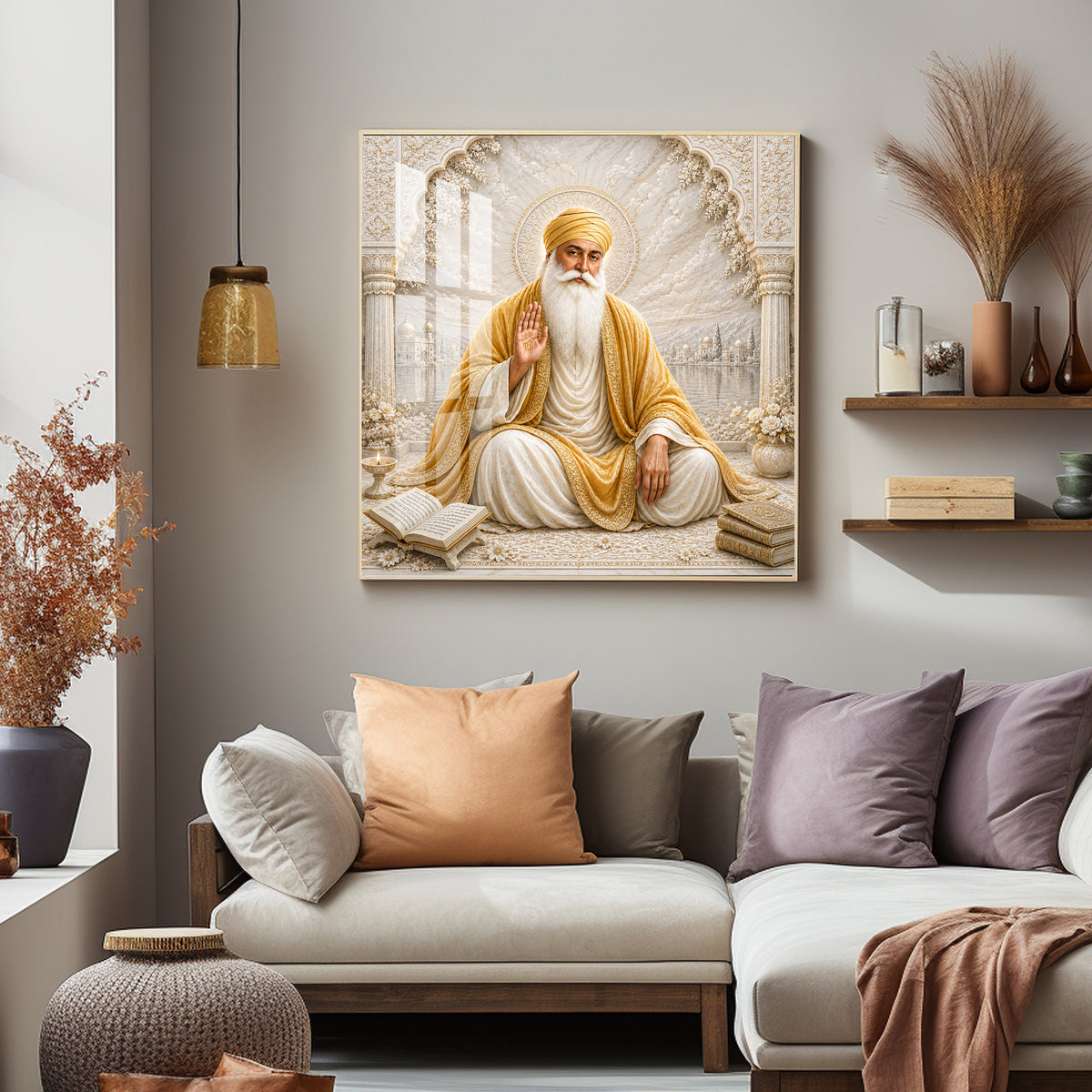 Guru Nanak Devji In Golden Shawl Premium Acrylic Square Wall Art