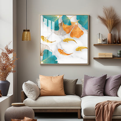 Fishes With Blue & Golden Leaf Premium Acrylic Square Wall Art