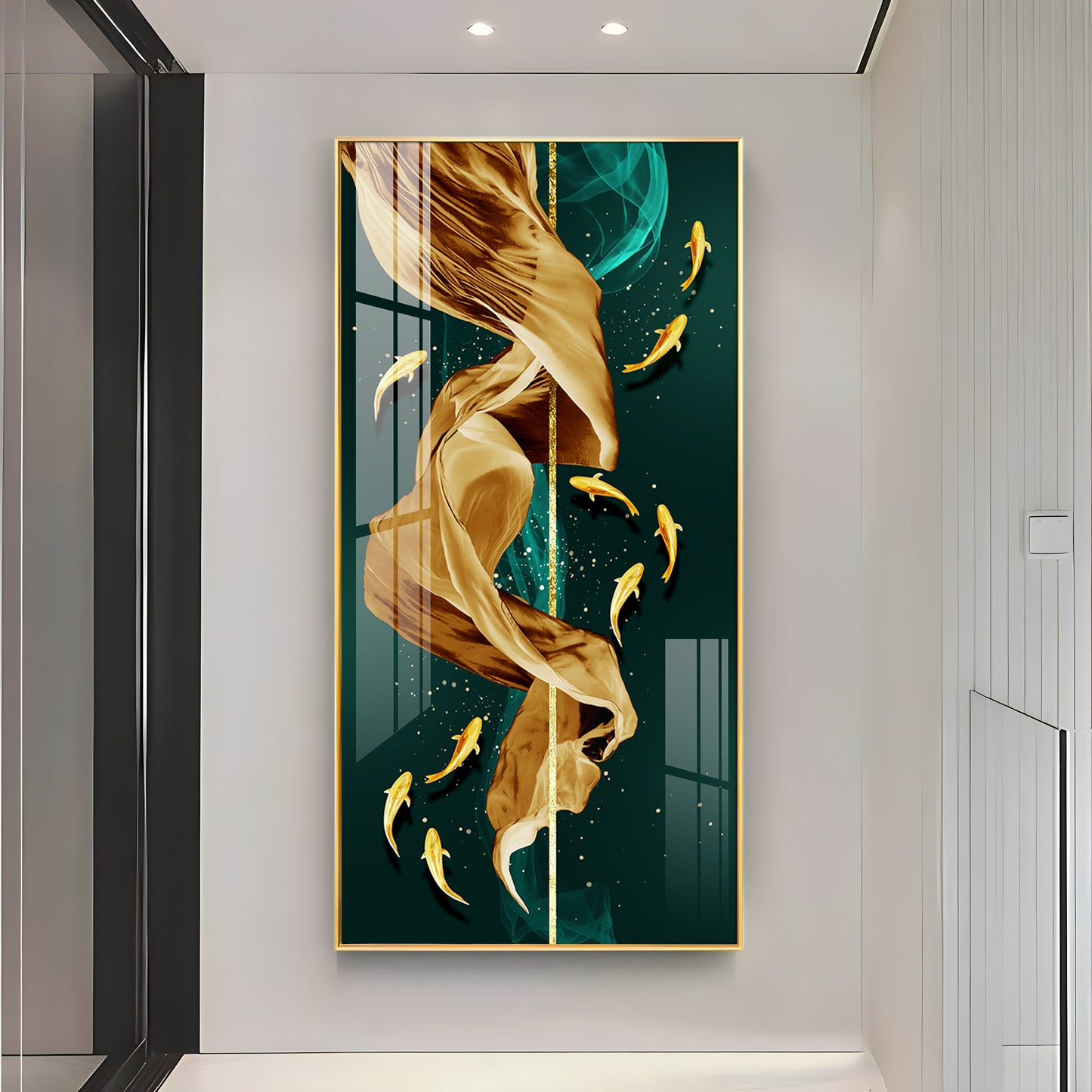 Fish & Flowing Gold Layer Premium Acrylic Vertical Wall Art